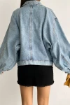 Açık Mavi Çift Cepli Balon Kollu Oversize Denim Jean Ceket BCDF-235402