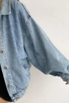 Açık Mavi Çift Cepli Balon Kollu Oversize Denim Jean Ceket BCDF-235402