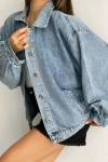 Açık Mavi Çift Cepli Balon Kollu Oversize Denim Jean Ceket BCDF-235402