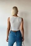 Beyaz V Yaka Düğmeli Çizgili Crop Yelek BCTL-233395