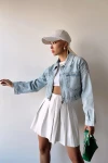 Buz Mavi Çift Cepli Fermuarlı Yıkamalı Crop Denim Ceket BCDF-235410