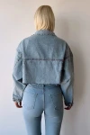 Buz Mavi Çift Cepli Lazer Kesim Yıkamalı Crop Denim Ceket BCDF-235408