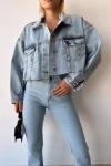 Buz Mavi Çift Cepli Lazer Kesim Yıkamalı Crop Denim Ceket BCDF-235408