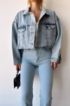 Buz Mavi Çift Cepli Lazer Kesim Yıkamalı Crop Denim Ceket BCDF-235408