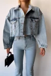 Buz Mavi Çift Cepli Lazer Kesim Yıkamalı Crop Denim Ceket BCDF-235408