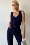 Lacivert V Yaka Düğmeli Çizgili Crop Yelek BCTL-233395