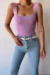 Lila Kare Yaka Merserize Crop Triko Bluz BCDF-232201