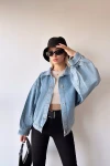 Mavi Çift Cepli Balon Kollu Oversize Denim Jean Ceket BCDF-235402