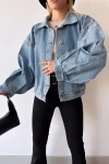 Mavi Çift Cepli Balon Kollu Oversize Denim Jean Ceket BCDF-235402