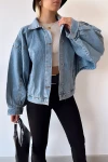 Mavi Çift Cepli Balon Kollu Oversize Denim Jean Ceket BCDF-235402