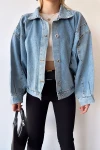 Mavi Çift Cepli Balon Kollu Oversize Denim Jean Ceket BCDF-235402