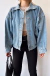 Mavi Çift Cepli Balon Kollu Oversize Denim Jean Ceket BCDF-235402