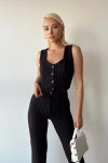 Siyah V Yaka Düğmeli Çizgili Crop Yelek BCTL-233395