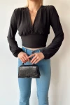 Siyah V Yaka Önü Ve Beli Büzgülü Sandy Crop Bluz BCTL-232489