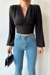 Siyah V Yaka Önü Ve Beli Büzgülü Sandy Crop Bluz BCTL-232489