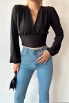 Siyah V Yaka Önü Ve Beli Büzgülü Sandy Crop Bluz BCTL-232489