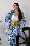 Açık Mavi Desenli Krinkle Kumaş Pantolon Ve Kimono Alt Üst Takım BCDF-241201