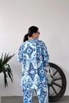 Açık Mavi Desenli Krinkle Kumaş Pantolon Ve Kimono Alt Üst Takım BCDF-241201