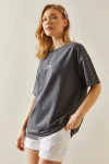 Antrasit Bisiklet Yaka Baskılı Oversize T-Shirt BC241098