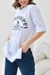 Beyaz Bisiklet Yaka Duble Kol Oversize Mississippi Baskılı T-Shirt BC241125