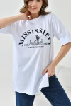 Beyaz Bisiklet Yaka Duble Kol Oversize Mississippi Baskılı T-Shirt BC241125