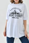 Beyaz Bisiklet Yaka Oversize Expedition Baskılı T-Shirt BC241124