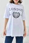 Beyaz Bisiklet Yaka Oversize London Baskılı T-Shirt BC241123