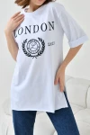 Beyaz Bisiklet Yaka Oversize London Baskılı T-Shirt BC241123