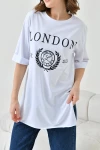 Beyaz Bisiklet Yaka Oversize London Baskılı T-Shirt BC241123