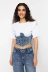 Beyaz Denim Detaylı Crop Vatkalı Örme Bluz BC241155