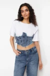 Beyaz Denim Detaylı Crop Vatkalı Örme Bluz BC241155