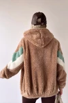 Bisküvi  Kapüşonlu Fermuarlı Kolları Renk Bloklu Oversize Peluş Sweatshirt BC231040