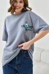 Gri Bisiklet Yaka İki İplik Sırtı Baskılı Oversize T-Shirt BC241126