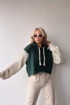 Haki Kapüşonlu Kolları Triko Örgü Crop Sweatshirt BC231021