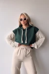 Haki Kapüşonlu Kolları Triko Örgü Crop Sweatshirt BC231021