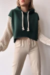 Haki Kapüşonlu Kolları Triko Örgü Crop Sweatshirt BC231021