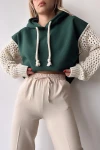 Haki Kapüşonlu Kolları Triko Örgü Crop Sweatshirt BC231021