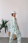 Mint Desenli Krinkle Kumaş Pantolon Ve Kimono Alt Üst Takım BCDF-241201