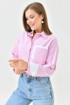 Pembe Manşet Ve Cepleri Garnili Çizgili Oversize Crop Dokuma Gömlek BC231036