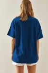 Saks Bisiklet Yaka İki İplik Nakış İşlemeli Oversize Pamuk T-Shirt BC241120