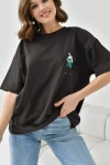 Siyah Bisiklet Yaka İki İplik Sırtı Baskılı Oversize T-Shirt BC241126