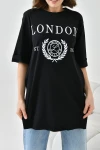 Siyah Bisiklet Yaka Oversize London Baskılı T-Shirt BC241123