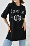 Siyah Bisiklet Yaka Oversize London Baskılı T-Shirt BC241123