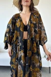 Siyah Çiçek Desenli Şifon Uzun Kimono BCDF-241063-1