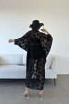 Siyah Çicek Desenli Uzun Güpür Kimono BCDF-246007