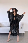 Siyah Çicek Desenli Uzun Güpür Kimono BCDF-246007