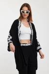 Siyah Nakış İşlemeli Alt Üst Kimono Pantolon Takım BCVL-24950