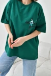 Yeşil Bisiklet Yaka İki İplik Sırtı Baskılı Oversize T-Shirt BC241126