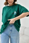 Yeşil Bisiklet Yaka İki İplik Sırtı Baskılı Oversize T-Shirt BC241126