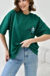 Yeşil Bisiklet Yaka İki İplik Sırtı Baskılı Oversize T-Shirt BC241126